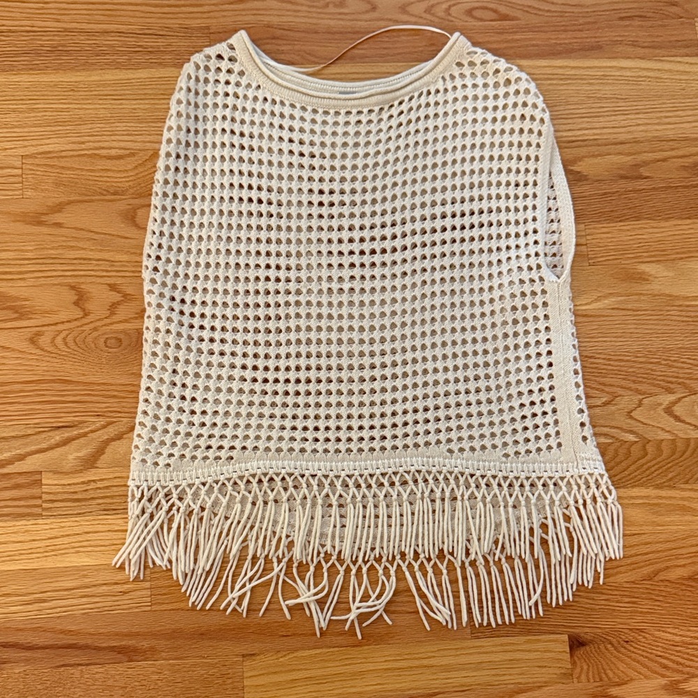 Elie Tahari Cream Crochet Fringe Poncho Boho XS/S
